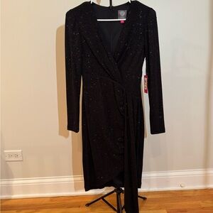 Vince Camuto Black Sparkle Long Sleeve Wrap-Style Dress